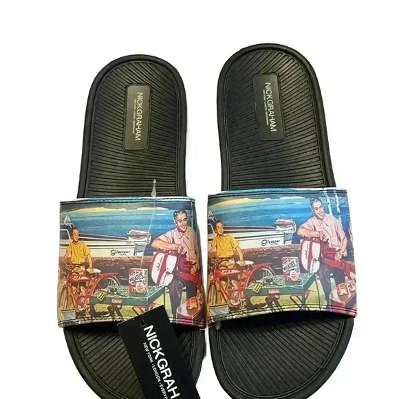 NICK GRAHAM NWT -Men’s slides Size 13. Style:Dane Happy Beach Print Fathers Day - Picture 1 of 4
